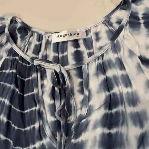 Angashion Tie Front V Neck Blue Tie Dye Short Sleeve Top Women’s Large Summer