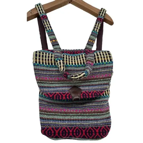 H.I.P. World Market Backpack Striped PolyCotton Tapestry Tribal Boho Faux Leather