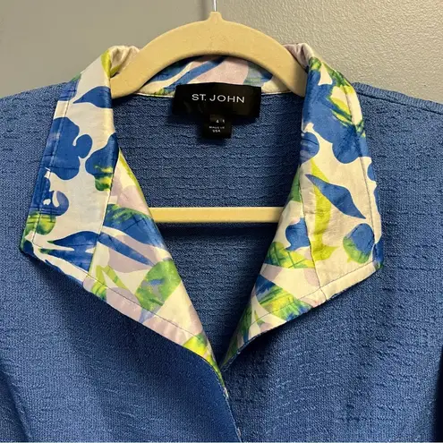 St. John Jacket Blue Blazer w/ Floral Lapels Single Button Sz 4 EUC