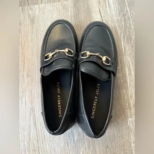 Sincerely Jules Black Loafers Romeo Slip On Shoes Gold Accents Chunky Platform 8