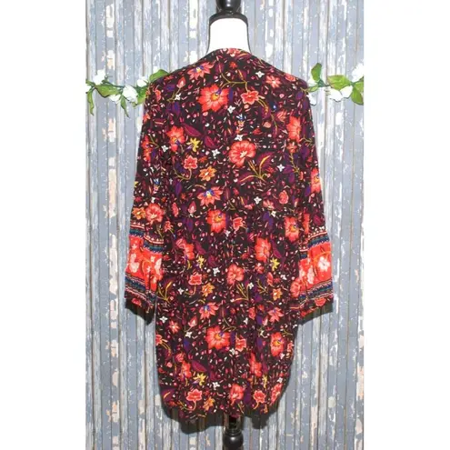 Old Navy Boho Peasant  Ladies M Black Floral Tunic Pintuck Blouse Top Tie Neck