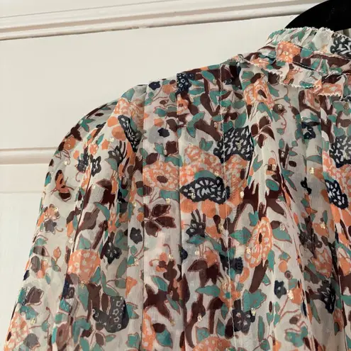 Ulla Johnson Edith Blouse Gardenia Floral Metallic Silk Button Front Bow Size 6