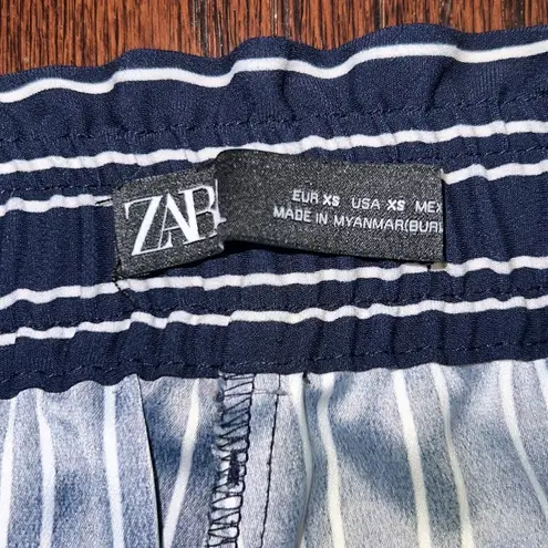 ZARA  Women’s Navy Blue & White Striped Paper Bag Tie Waist Stretchy Pants