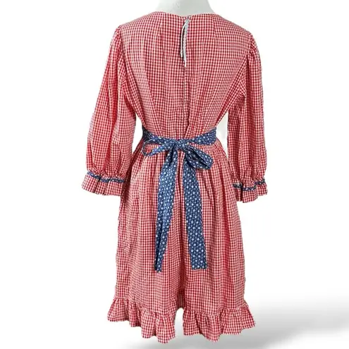 Vintage 70s Handmade Patchwork Picnic Prairie Dress Red Blue Gingham Medium