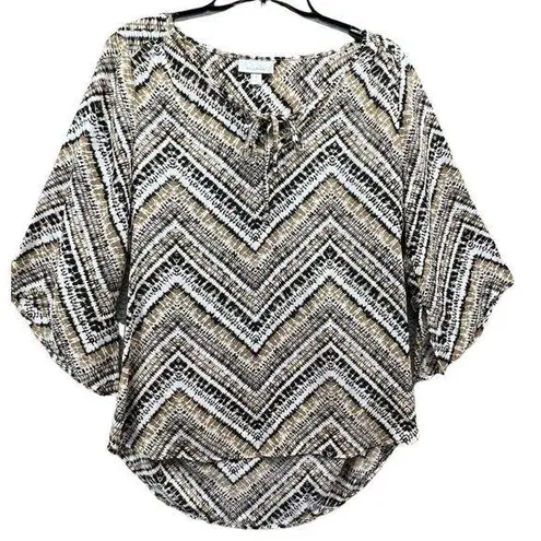 Dress Barn  Womens Chevron Print Blouse Top M Tan Black Bell Sleeve High-Low Hem