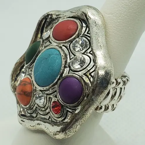 Silver, Red, Blue, Orange, Green, & Purple Stretchy Ring Red