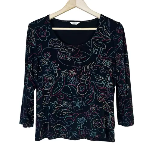 Christopher & Banks Embroidered Floral Slinky Top Sz M Black Retro Y2K Vintage