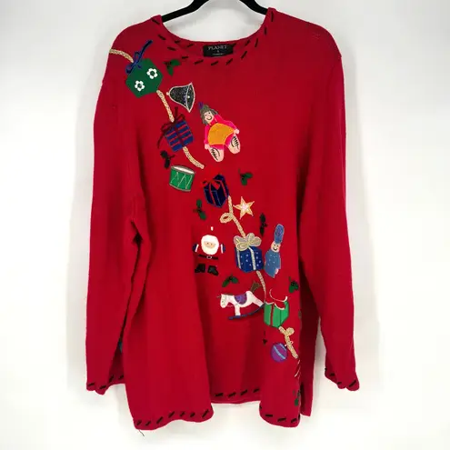 Vintage Red Christmas Sweater Embroidered Santa Toys Gifts Holiday Pullover Size 3X