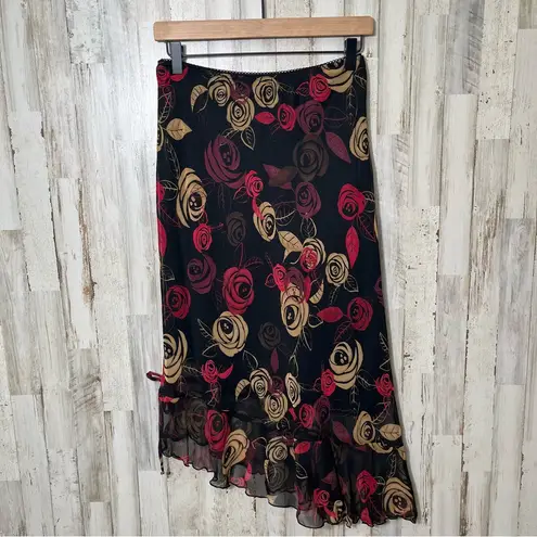 Vintage 90s Rose Floral Whimsy Fairy Asymmetrical Midi Skirt Witchy Womens M Black Size M