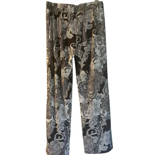 IMAN Easywear Pants SZ LG Brown Gold Trim Paisley Slinky Wide Leg Elastic Waist