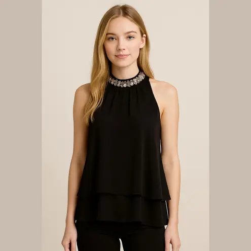 Black modest sleeveless top with sequin sparkly collar • evening wear