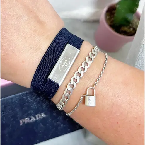 Prada Authentic  Navy & Silver Metal Logo Elastic Choker / Bracelet