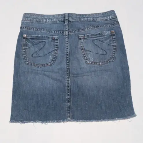 Silver Jeans Ana Denim Skirt-Size 29-Asymmetrical Seam-Raw Hem-Embroidered
