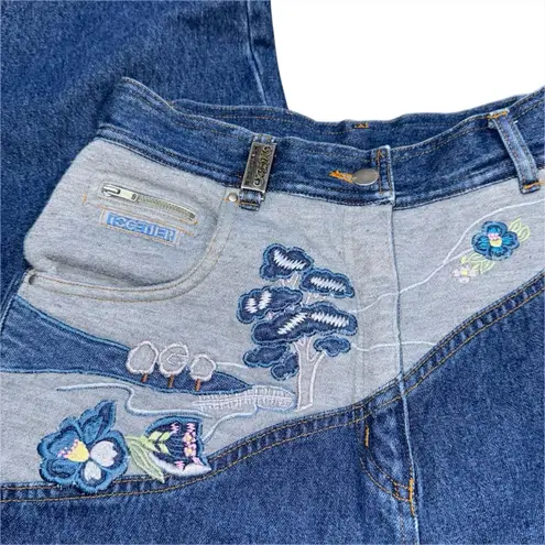 VTG 80s Together Sz 8 High Waisted Mom Jeans 26 x 29 Embroidered Floral Fleece Blue