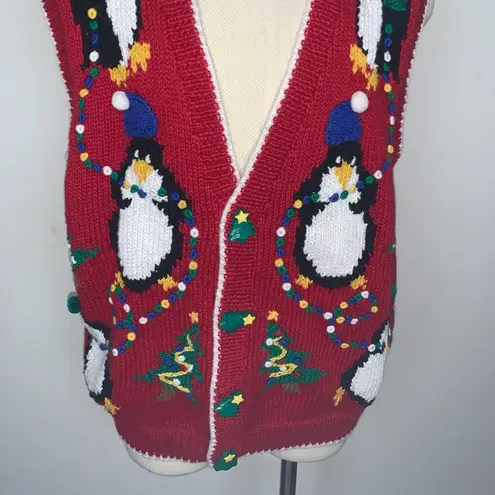 Excellent Village Peddler Christmas Penguins Embroidered Sweater Size XL Red