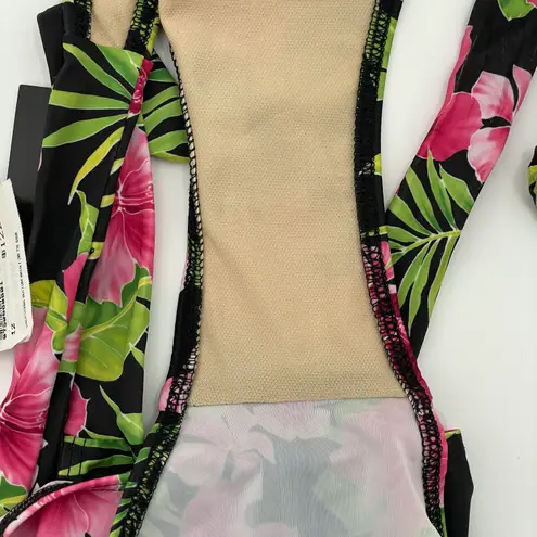 NEW Kechika Floral Bikini Bottoms Side Tie Black Hot Pink Hibiscus Green Size 12