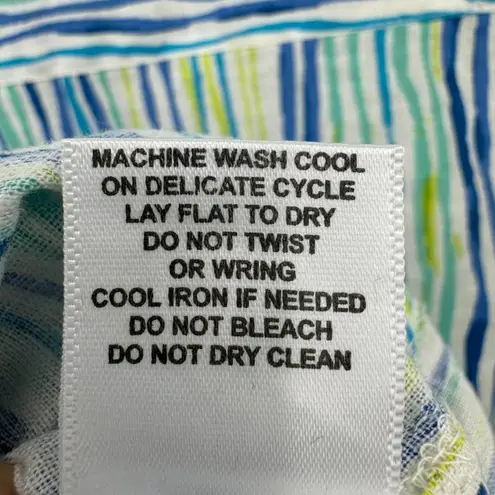 Cathy tunic M petite linen blend short tab sleeve zip front stripe beach resort Green Size M