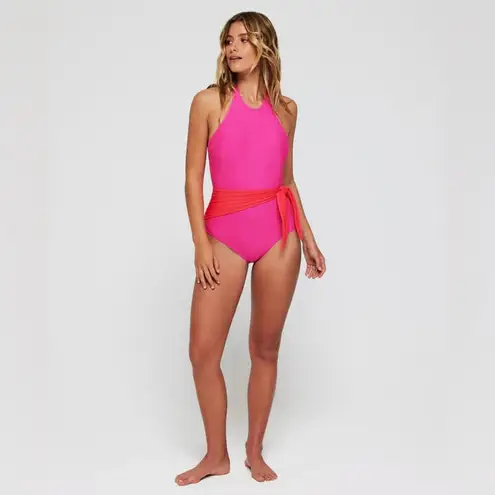 HERMOZA Pink Genevieve High Neck Halter Sash Tie One Piece Swimsuit Size 12 New
