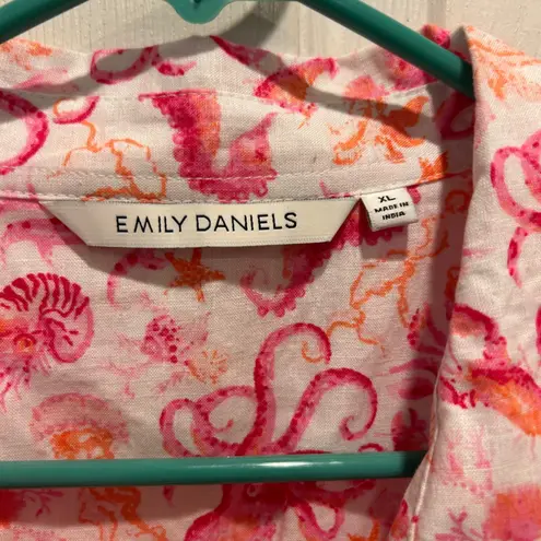 Emily Daniels XL Button Up Shirt Pink Orange Octopus Print Short Sleeve NWT