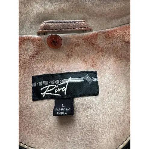 Black Rivet Button Closure Notched Lapel Leopard Lined Leather Jacket Large Boho