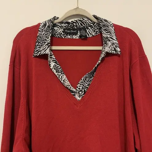 Maggie Barnes Womens Plus Size 4X 30 32W Red Printed V-Neck Sweater Shirt Blouse