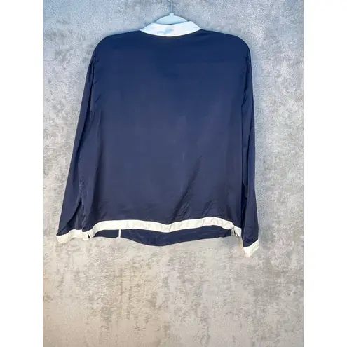 J Crew 365 Silk Blouse Size 14 Navy Gray Trim Preppy Academia Office Blue