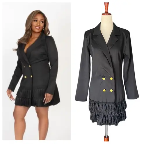 Lapel Collar Black Fringe Hem Tassel Double Breasted Blazer Mini Dress