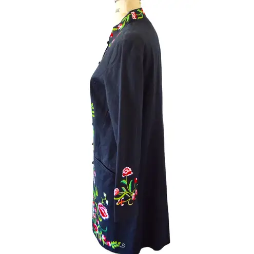 Victor Costa Vintage Floral Embroidered Mandarin Black Knee Length Jacket M Size M
