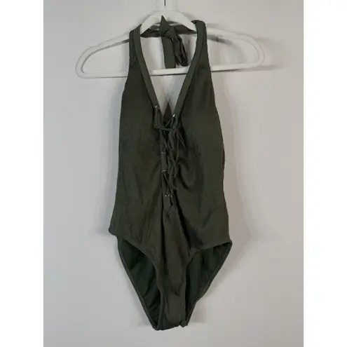 Miss Lola Women’s Olive Green Lace up Halter One Piece Swimsuit Size Large Beach