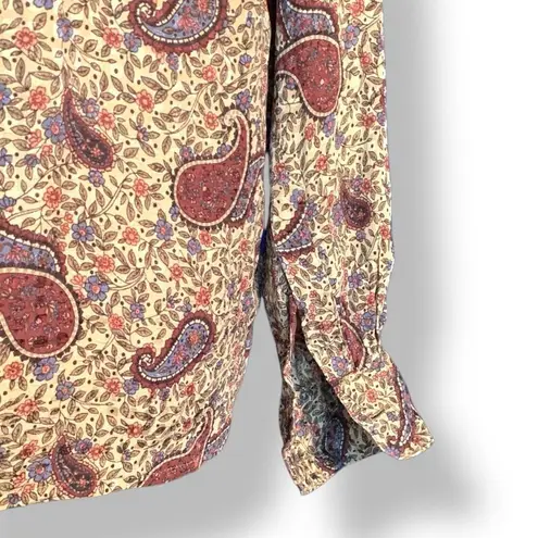 Vintage 90s Top Tan Maroon Silk Paisley Button Front Long Sleeve Dark Floral 6