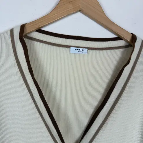 Akris Punto Cream V-Neck Button Down Sweater 100% Virgin Wool Stripes