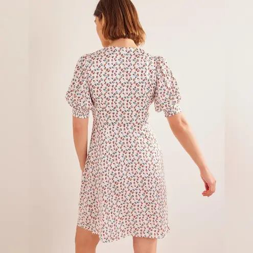 Boden Satin Tea Dress Short Puff Sleeve Mini Floral Ivory Sweet Daisy 12 L Tall White