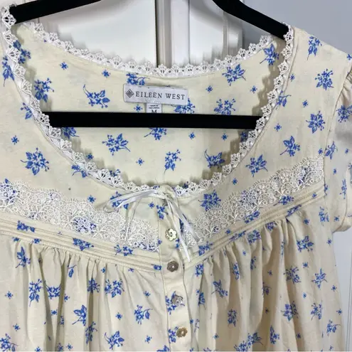 Eileen West Floral Cap Sleeve Round Neck Jersey Knit Cotton Nightgown sz medium Blue