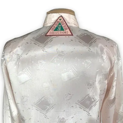 Vintage 80s Pink Satin Blouse Pintuck Pleats Diamond Jacquard Long Sleeve 10