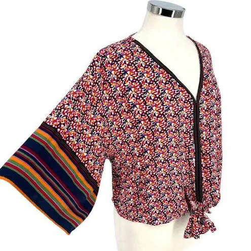 Democracy Floral Stripe Kimono Blouse Red Multicolor Size Medium