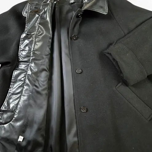 Vintage 80s Black Wool Coat Faux Leather Trim USA Made Boxy Cocoon Coat Size 12