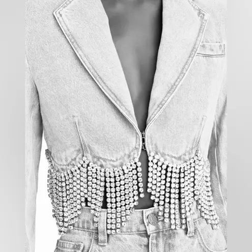 AREA Scalloped Embellished Cropped Denim Jacket in Pale Blue, Size 4, NWT Silver