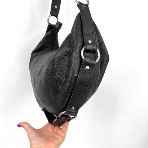 HOBO International Black Pebbled Leather Hobo Bag with Silver O Rings Boho