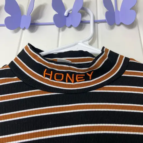 Women’s black brown striped mock neck ribbed stretch cropped long sleeve top M Size M