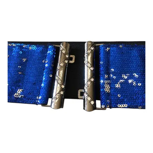 Oker NIP Women’s Blue Silver Sequin Elastic Waistband Rhinestones Buckle Belt