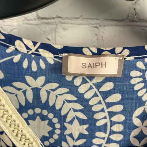 Saiph Cotton Bell Sleeve Santorini tiered Mini Dress crochet detail preppy MED Blue