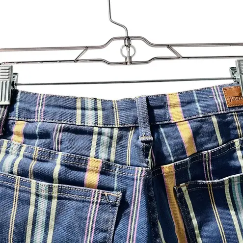 Judy Blue Striped High Rise Blue Denim Jean Shorts Size XL Fray Hem Casual