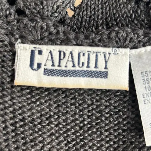 Vintage Black Knit Sweater Vest Embroidered Vase Floral Print Rosettes Size L