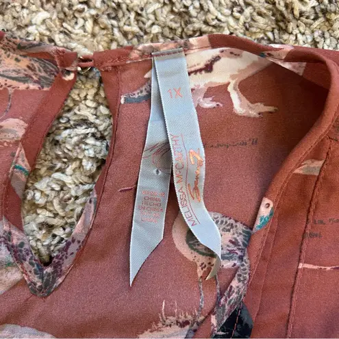 Seven7 Melissa McCarthy for allover bird print tie waist flutter sleeve rust top