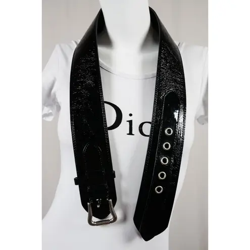 Vintage Wide Black Patent Leather Belt with Pointed Ends Retro