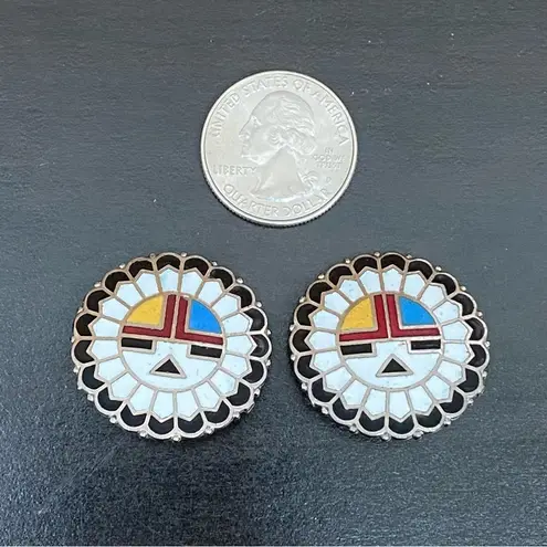 Indian Lore Genuine Copper Porcelain Enamel Inlaid Sun Face Clip On Earrings Black