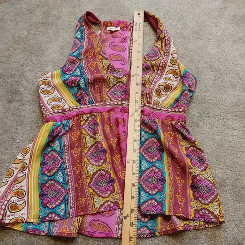 Lily White Size Medium M boho Indie Sleeveless Top Purple Abstract Deep V Neck