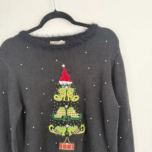 Longaberger  Vintage Black Christmas Sweater Embroidered Tree Heels Womens Large