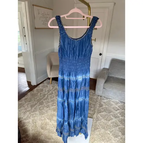 Lapis Smocked Denim Maxi Dress Blue Tiered Boho Button Western Cottagecore Indie Size L