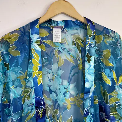 Vintage California Dynasty Sheer Floral Burnout Open Kimono Robe Duster womens S Blue